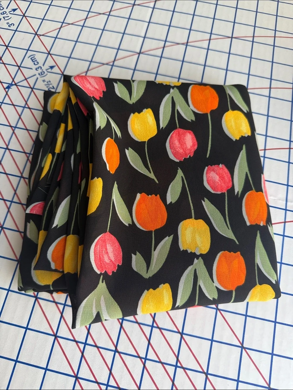 Vintage John Kaldor Fabric 1980s Tulip Floral Black Dress Fabric 3 Yards x 44